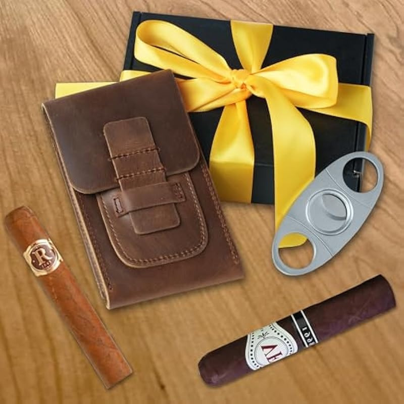 Travel Accessories Gifts For Men - Genuine Leather Cigar Case 3 Cigars&scissor